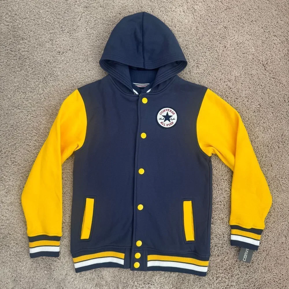 Converse‎ Hoodie Varsity Jacket Youth L Navy Yellow Athletic Letterman Style NWT